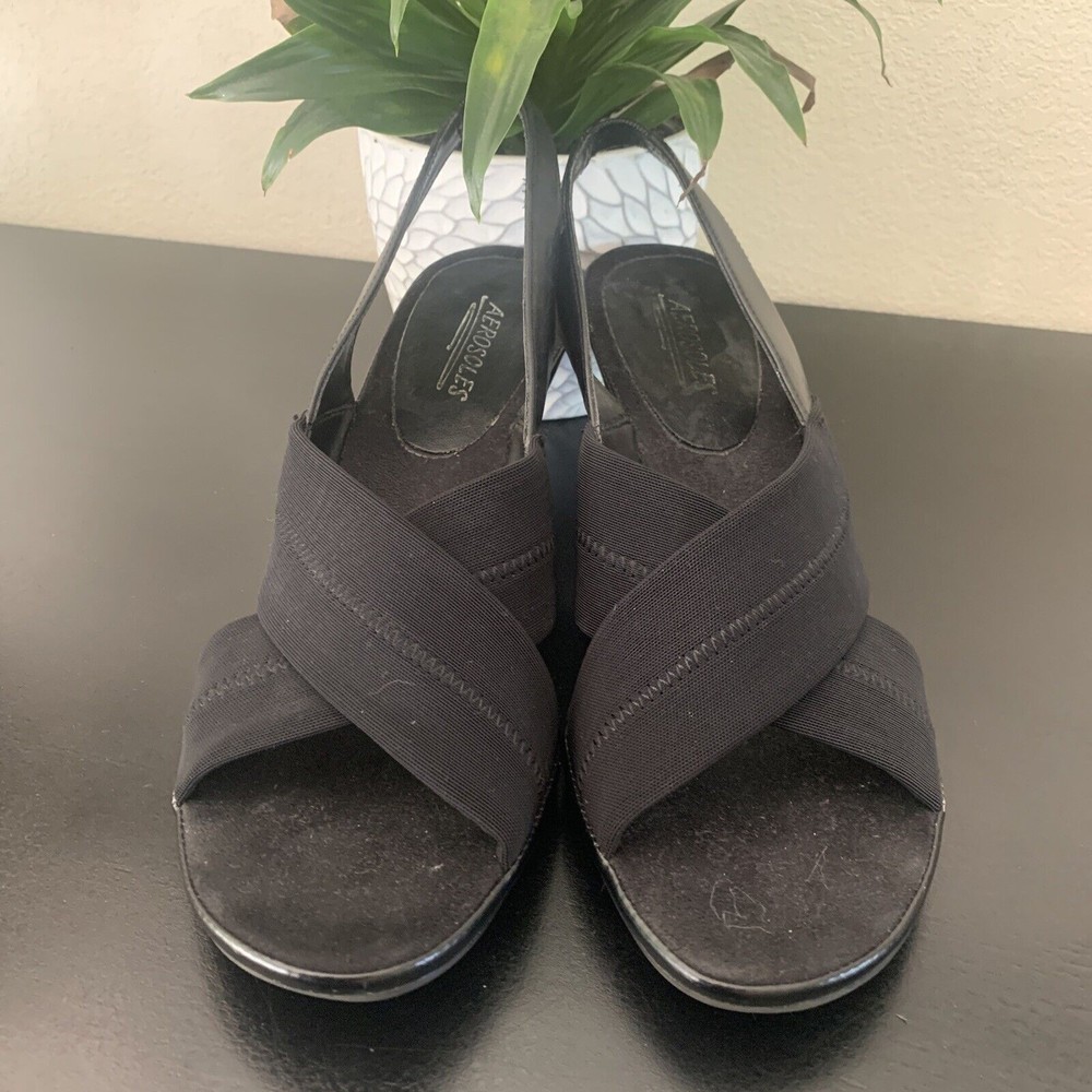 AEROSOLES Sandal Size 9.5 Black Fabric Strappy Sling Back Heel Powpurri Comfort